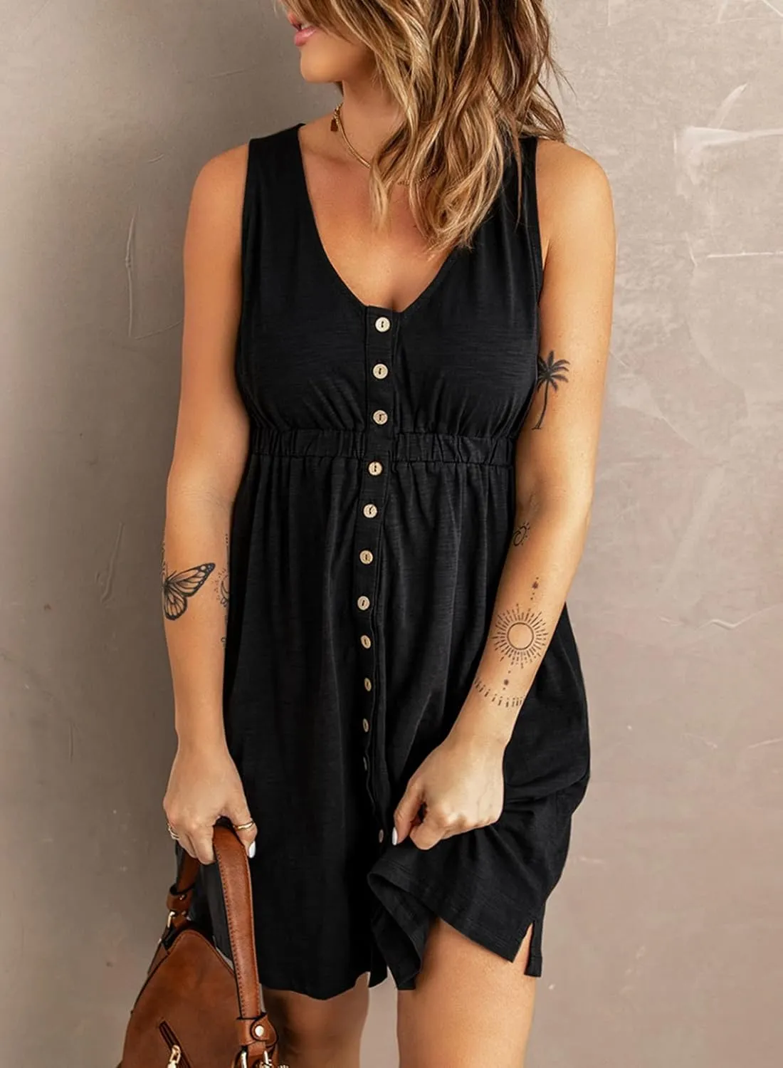 Acelitt Women Summer Casual Sleeveless Button Down Elastic Waist Swing Dresses, XS-2XL