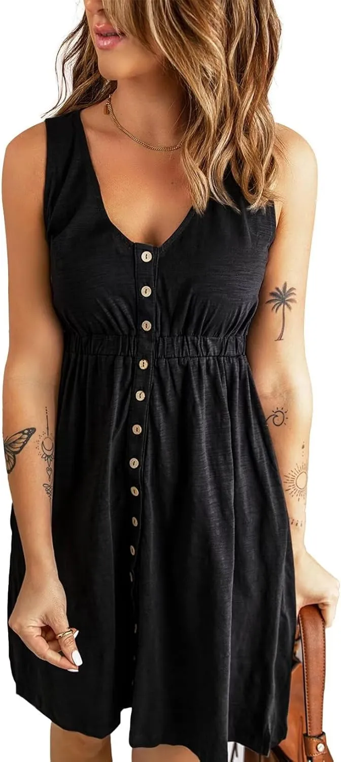 Acelitt Women Summer Casual Sleeveless Button Down Elastic Waist Swing Dresses, XS-2XL