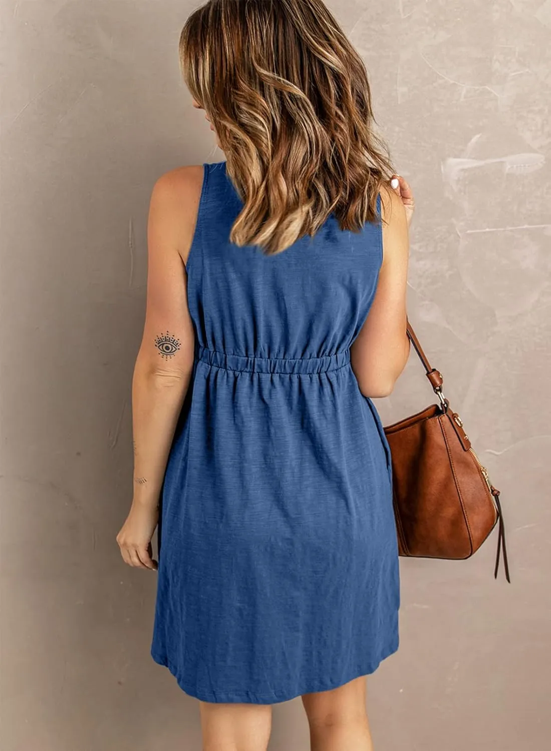 Acelitt Women Summer Casual Sleeveless Button Down Elastic Waist Swing Dresses, XS-2XL