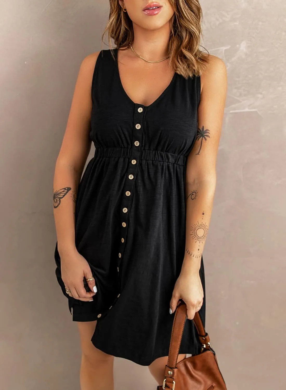 Acelitt Women Summer Casual Sleeveless Button Down Elastic Waist Swing Dresses, XS-2XL