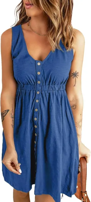 Acelitt Women Summer Casual Sleeveless Button Down Elastic Waist Swing Dresses, XS-2XL