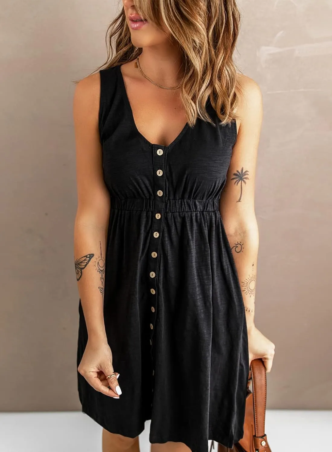 Acelitt Women Summer Casual Sleeveless Button Down Elastic Waist Swing Dresses, XS-2XL