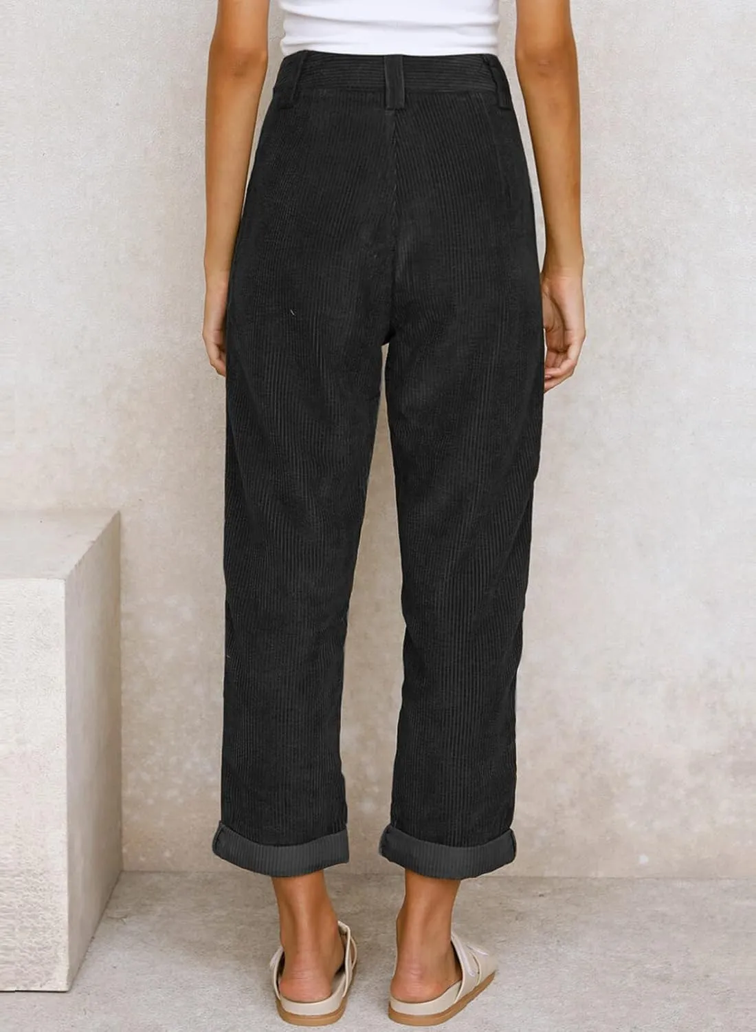 Acelitt Womens Elastic Waist Straight Leg Corduroy Pants with Pockets, S-2XL