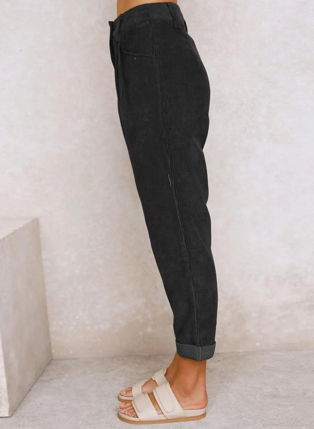 Acelitt Womens Elastic Waist Straight Leg Corduroy Pants with Pockets, S-2XL