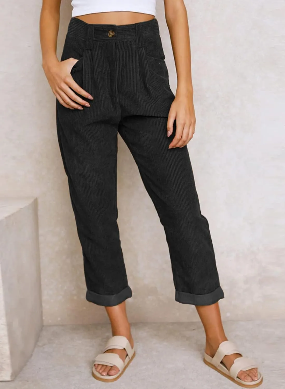 Acelitt Womens Elastic Waist Straight Leg Corduroy Pants with Pockets, S-2XL
