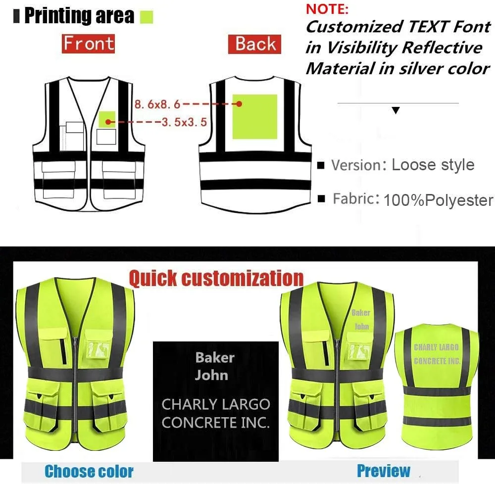 Add Your Name Text on High Visibility Reflective Safety Vest Class 2 ANSI Custom Your Text Protective Workwear 5 Pockets With Reflective Strips Outdoor Work Vest(Neon Yellow XXL)