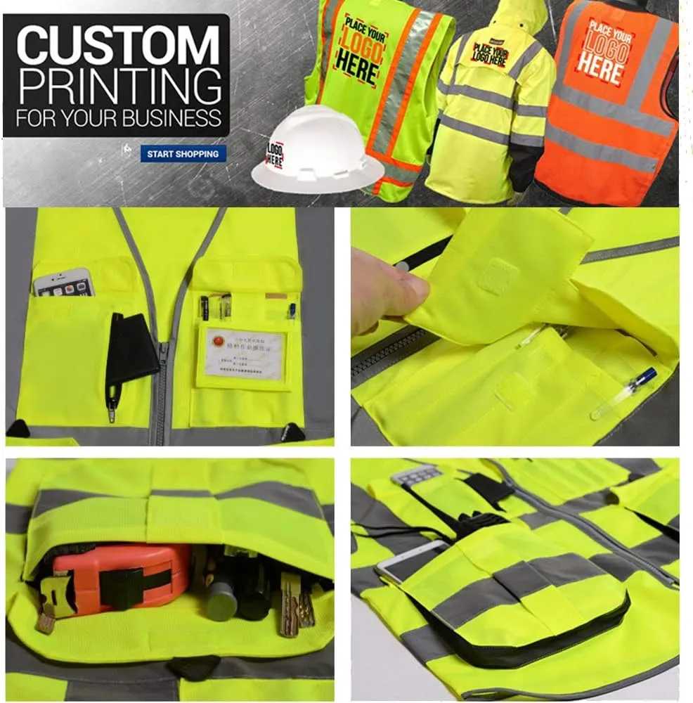 Add Your Name Text on High Visibility Reflective Safety Vest Class 2 ANSI Custom Your Text Protective Workwear 5 Pockets With Reflective Strips Outdoor Work Vest(Neon Yellow XXL)