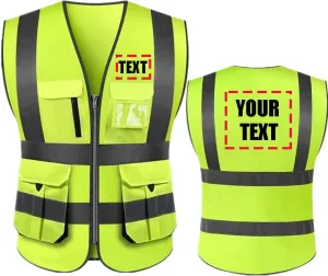 Add Your Name Text on High Visibility Reflective Safety Vest Class 2 ANSI Custom Your Text Protective Workwear 5 Pockets With Reflective Strips Outdoor Work Vest(Neon Yellow XXL)