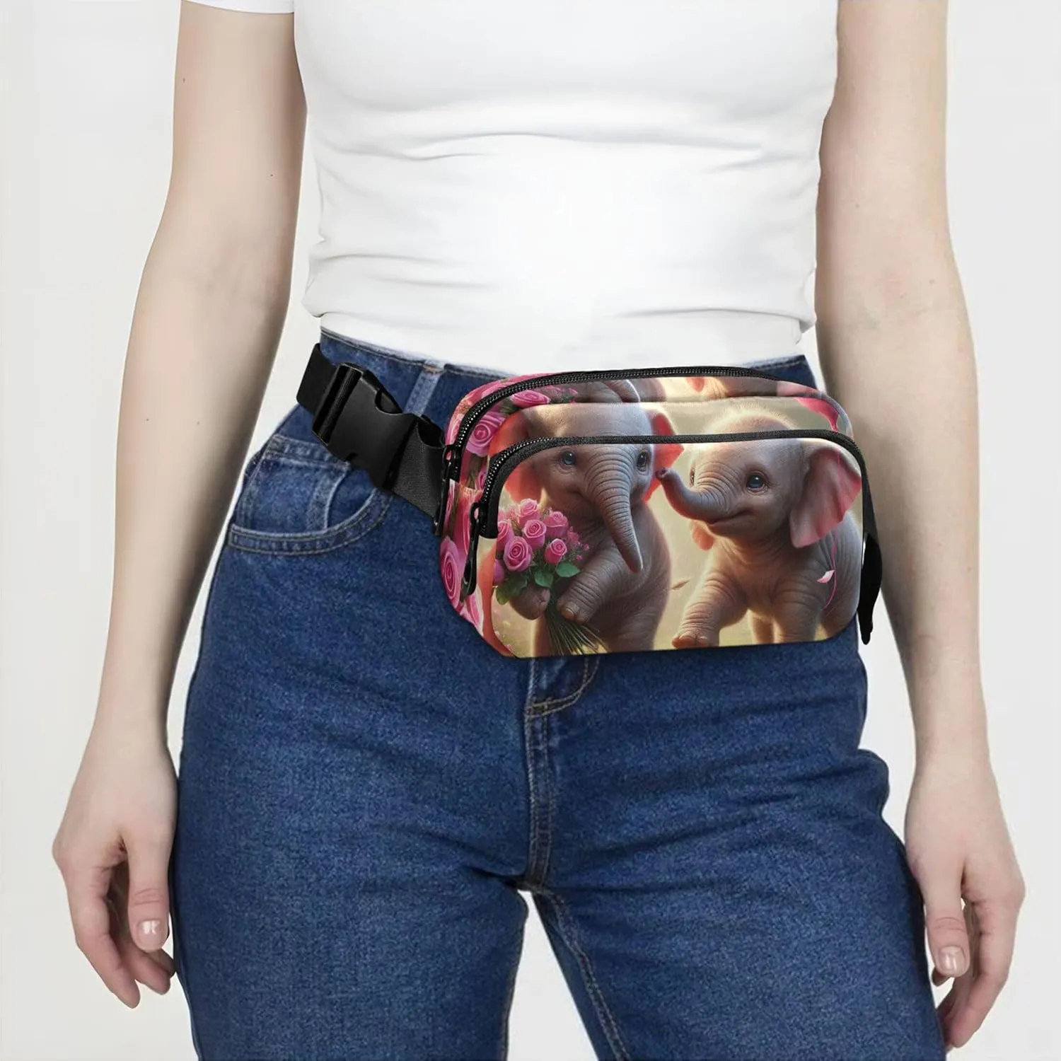 Adorable Elephant Valentine Dance Waterproof Women Fanny Packs Belt Bag Hip Pouch Funny Crossbody Waist Bag