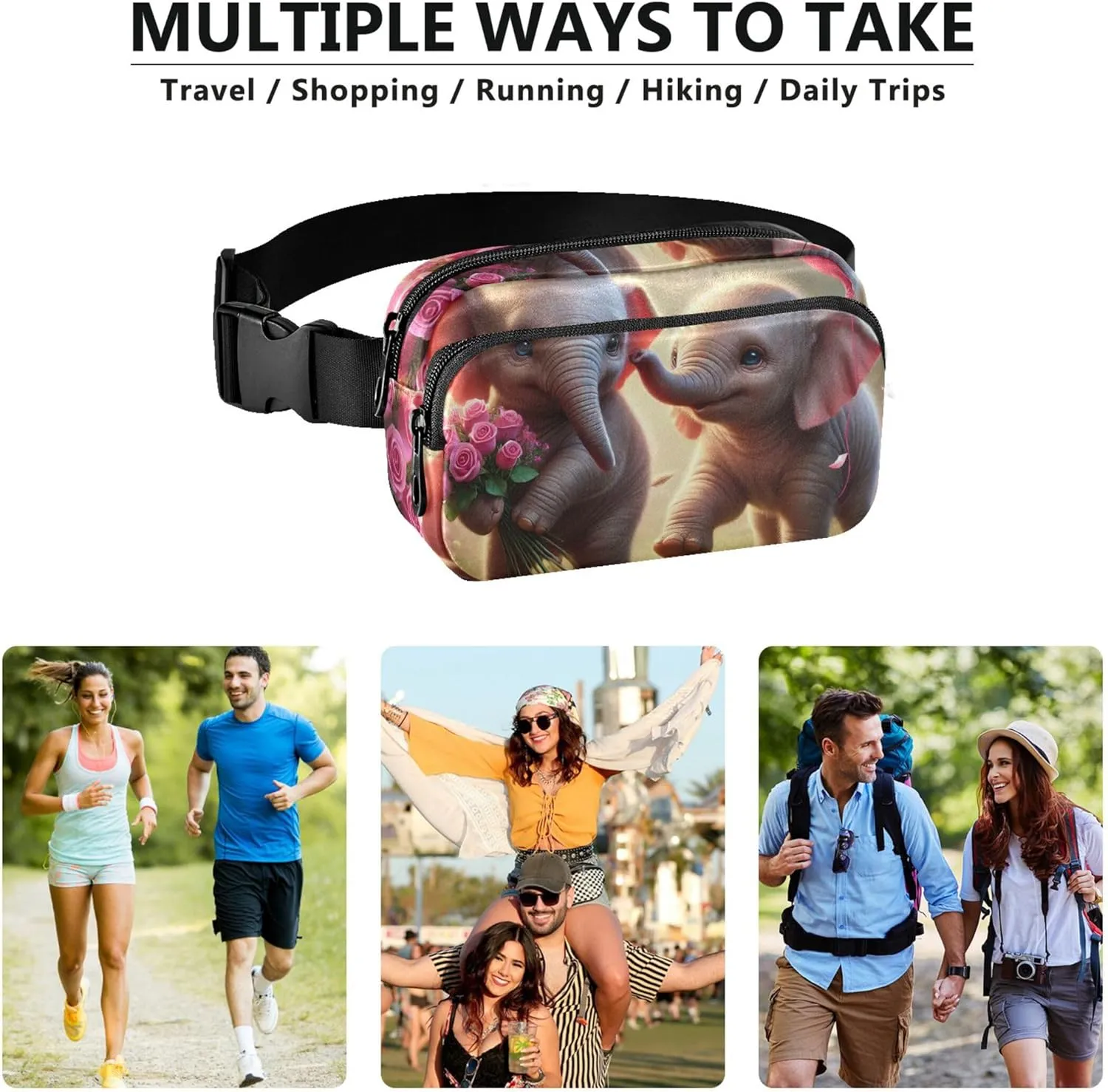 Adorable Elephant Valentine Dance Waterproof Women Fanny Packs Belt Bag Hip Pouch Funny Crossbody Waist Bag