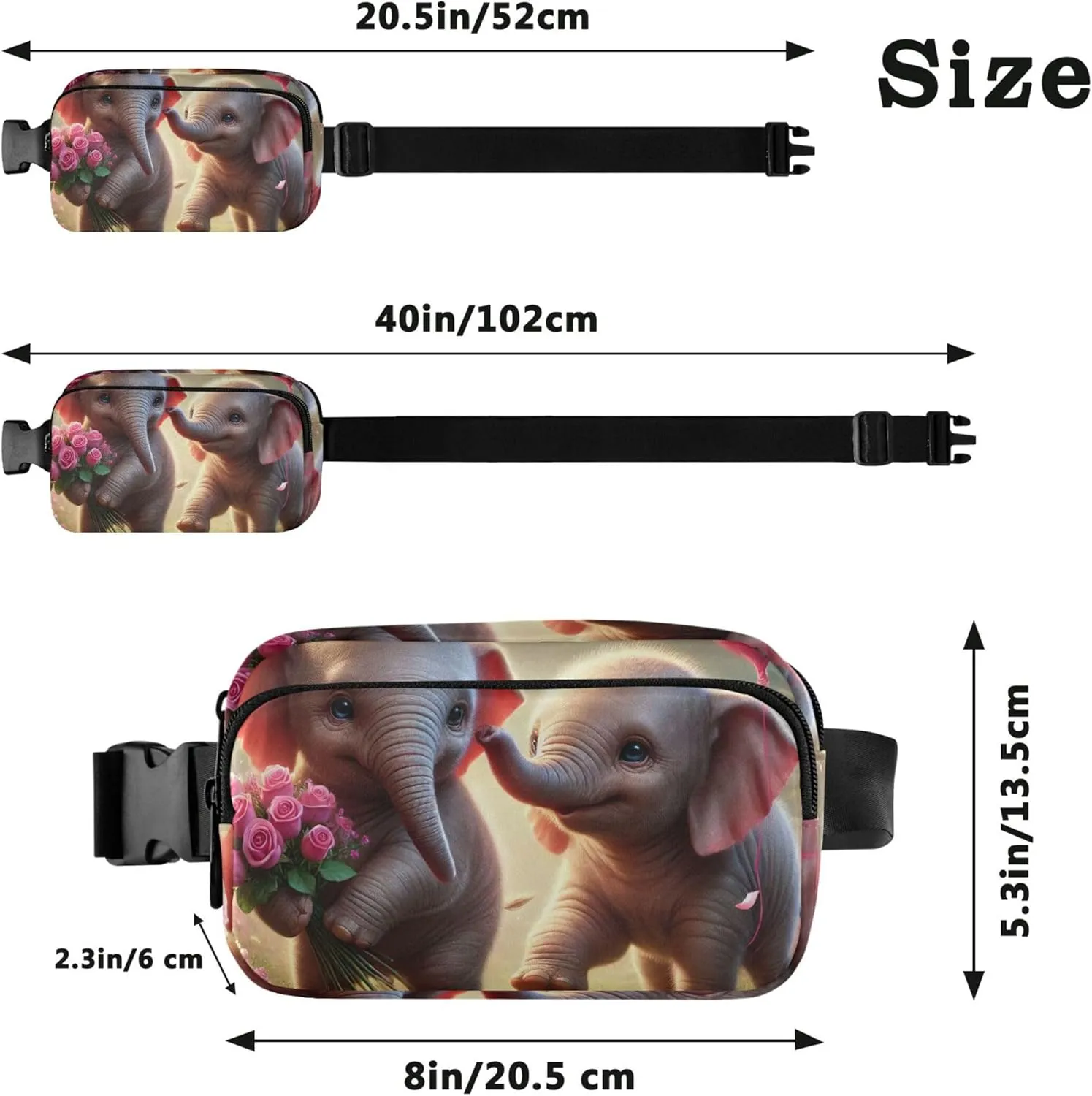Adorable Elephant Valentine Dance Waterproof Women Fanny Packs Belt Bag Hip Pouch Funny Crossbody Waist Bag