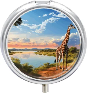 African Landscape Nile River Giraffe Pill Organizer 3 Compartment Travel Pillbox with Mirror Daily Medicine Pill Case Metal Pill Box for Purse & Pocket Portable Small Medicine Box Round Vitamin Case C