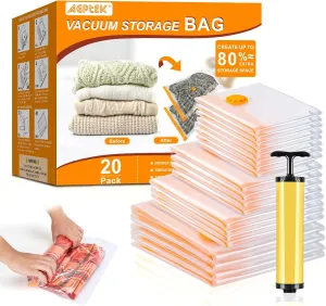AGPTEK 20pcs Vacuum Storage Bags(4 Jumbo/4 Large/4 Medium/4 Small/4 Roll)Compression Storage Bags for Comforters, Blankets, Vacuum Sealer Bags for Clothes Storage, Perfect for Home Storage and Travel