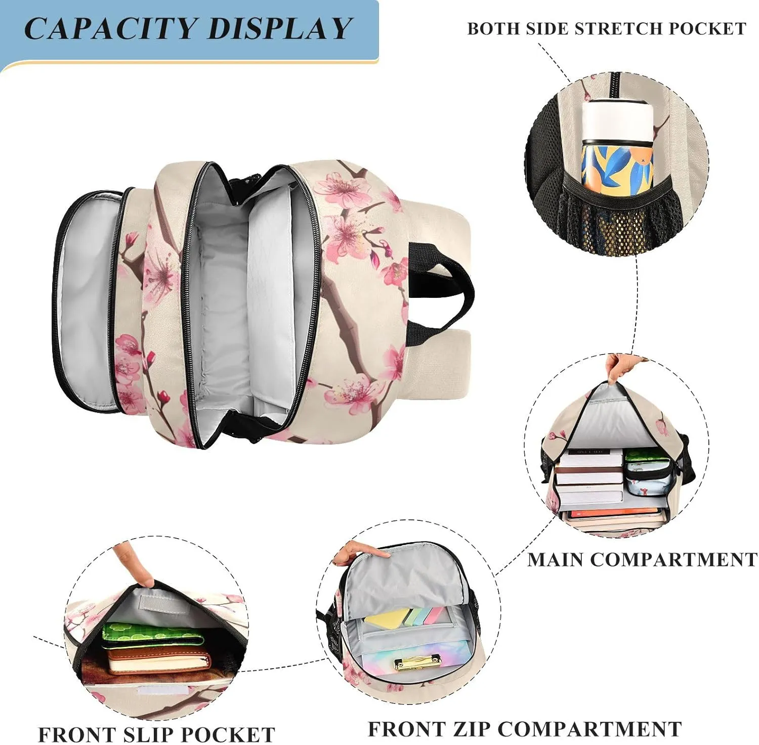 ALAZA Pink Cherry Blossom Branch School Backpacks Travel Laptop Bag Kids Bookbag for Girls Teens Women