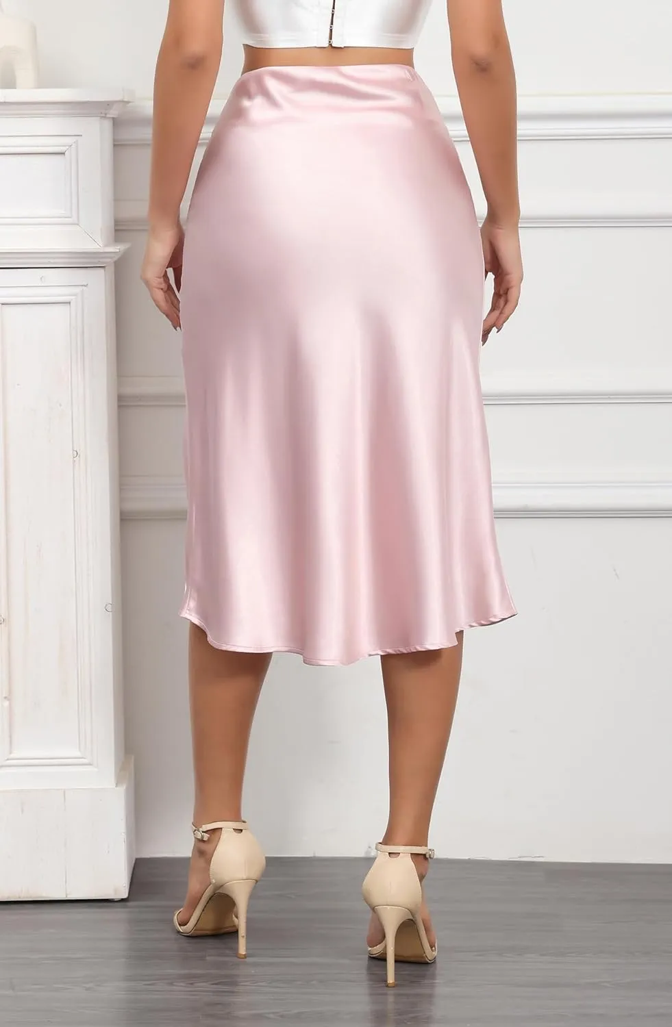 ALCEA ROSEA Women High Waist Silky Satin Midi Skirt Elastic Waist A Line Skirt with Slit