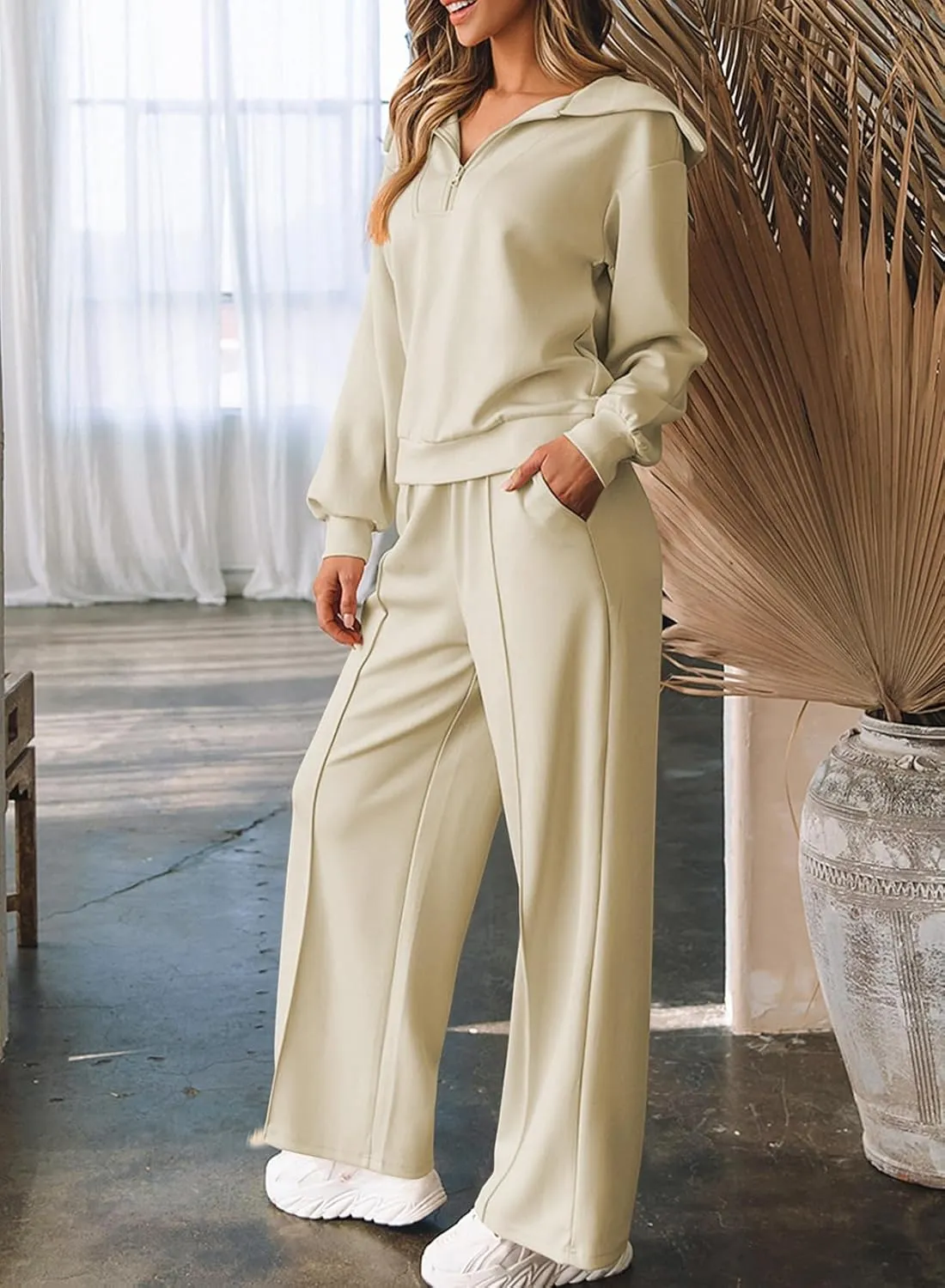 Aleumdr Two Piece Outfits Half Zip Sweatshirt Sweatsuit Lounge Sets for Women Matching Set Wide Leg Sweatpant Tracksuit