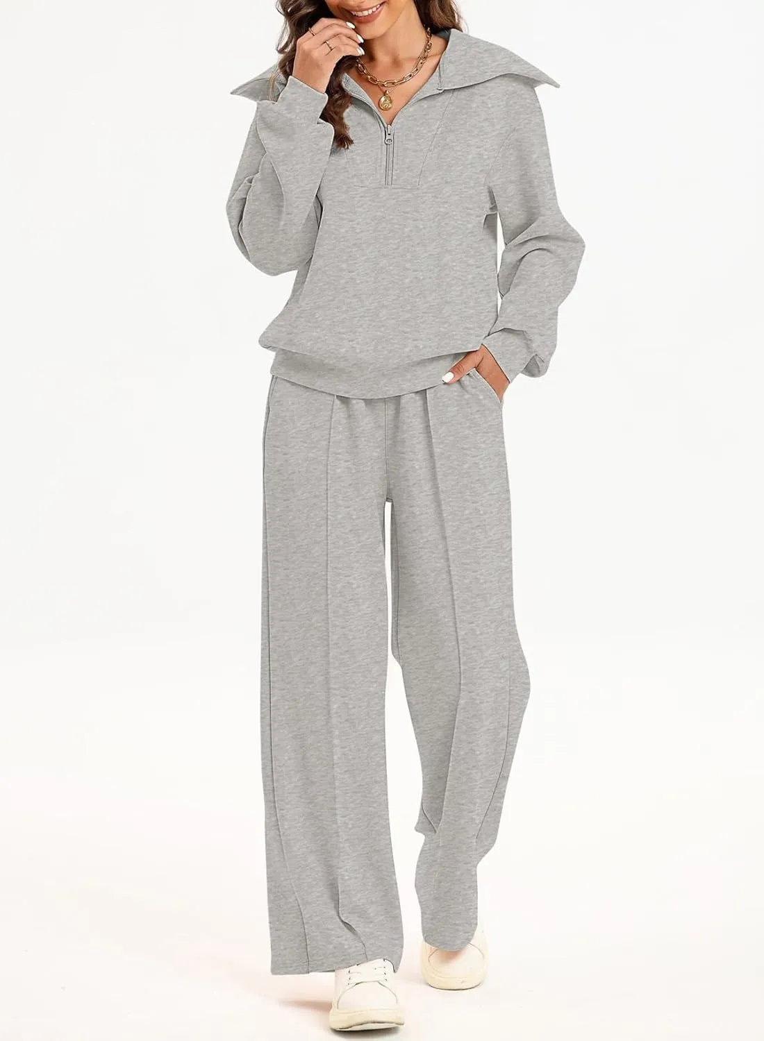 Aleumdr Two Piece Outfits Half Zip Sweatshirt Sweatsuit Lounge Sets for Women Matching Set Wide Leg Sweatpant Tracksuit