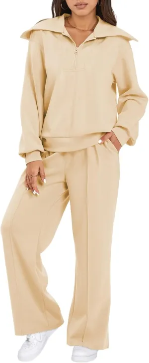 Aleumdr Two Piece Outfits Half Zip Sweatshirt Sweatsuit Lounge Sets for Women Matching Set Wide Leg Sweatpant Tracksuit