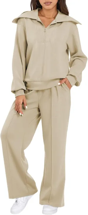 Aleumdr Two Piece Outfits Half Zip Sweatshirt Sweatsuit Lounge Sets for Women Matching Set Wide Leg Sweatpant Tracksuit