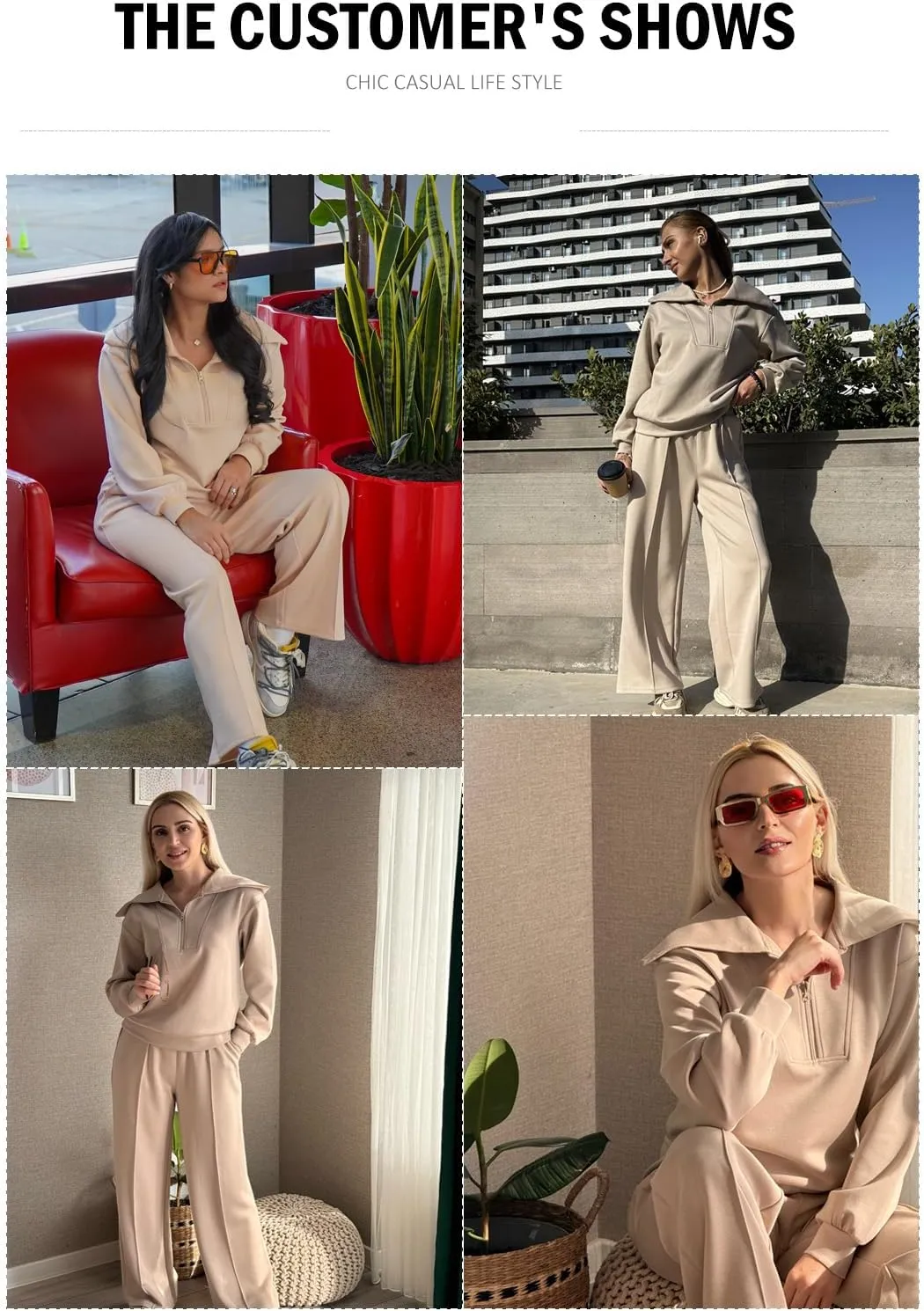 Aleumdr Two Piece Outfits Half Zip Sweatshirt Sweatsuit Lounge Sets for Women Matching Set Wide Leg Sweatpant Tracksuit