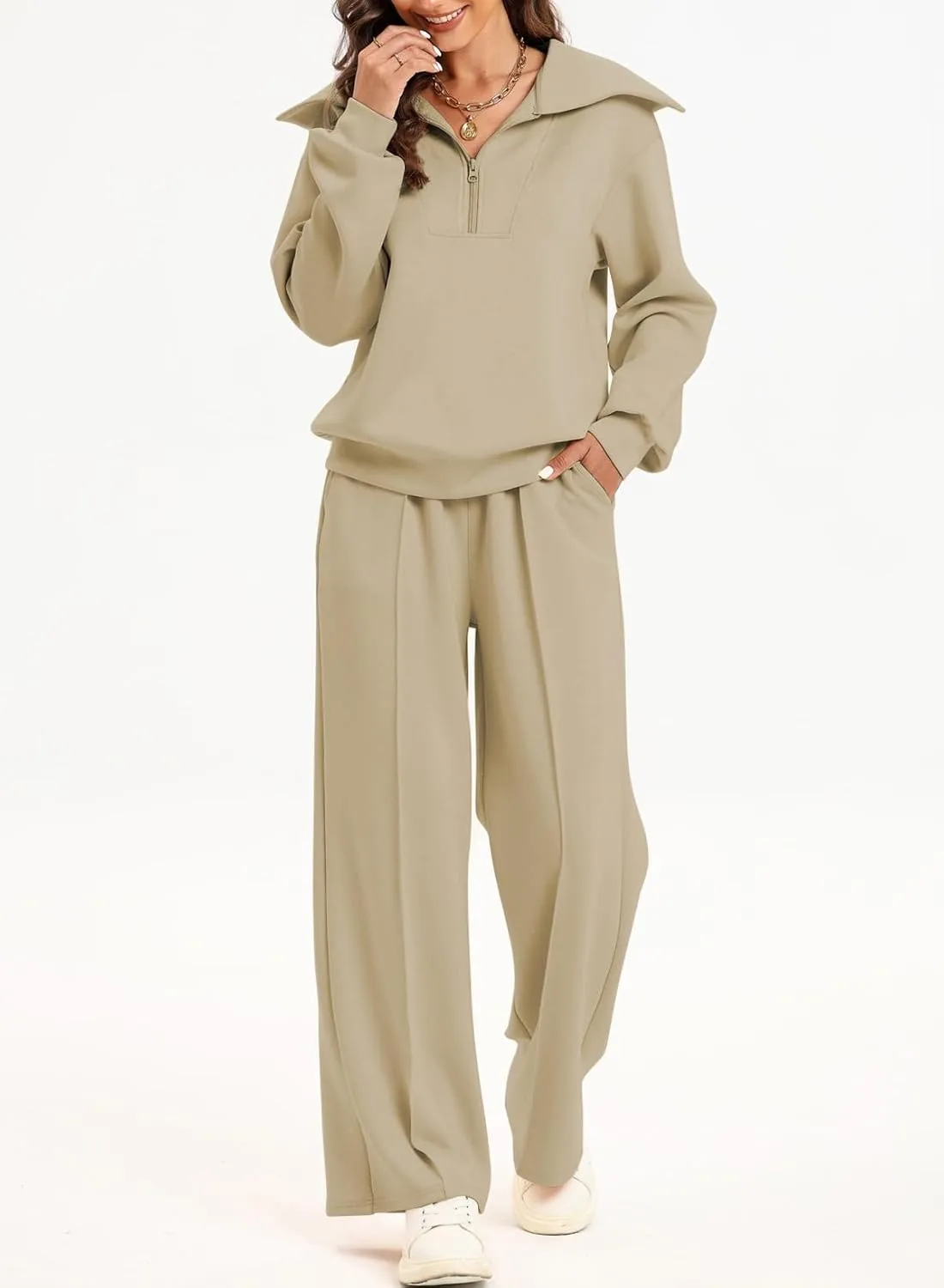 Aleumdr Two Piece Outfits Half Zip Sweatshirt Sweatsuit Lounge Sets for Women Matching Set Wide Leg Sweatpant Tracksuit
