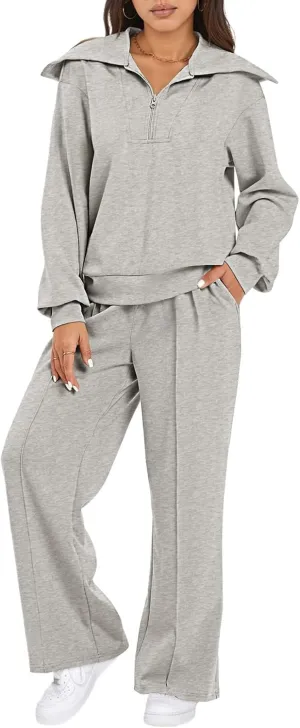 Aleumdr Two Piece Outfits Half Zip Sweatshirt Sweatsuit Lounge Sets for Women Matching Set Wide Leg Sweatpant Tracksuit