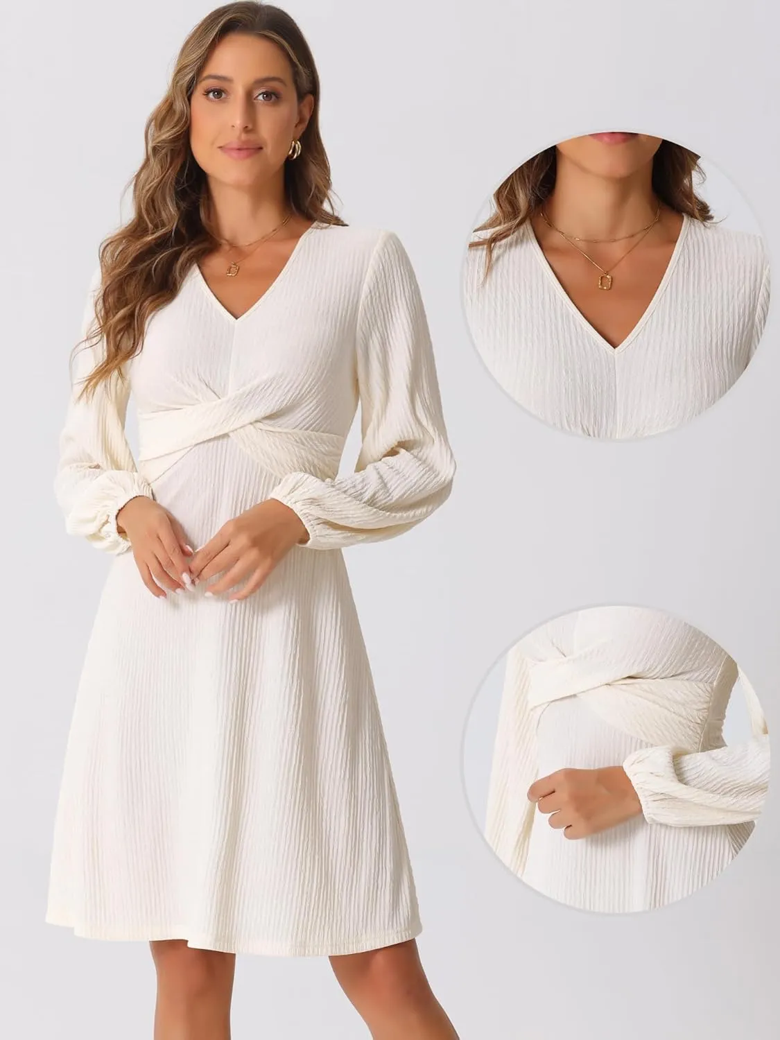 Allegra K Long Sleeve A-Line Dress for Women's Criss Cross Textured V Neck Dress