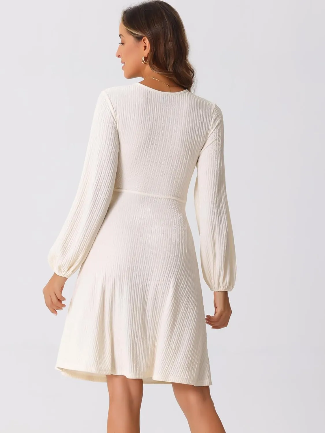Allegra K Long Sleeve A-Line Dress for Women's Criss Cross Textured V Neck Dress
