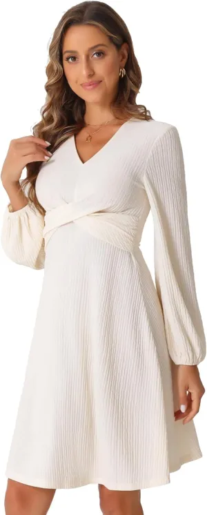Allegra K Long Sleeve A-Line Dress for Women's Criss Cross Textured V Neck Dress