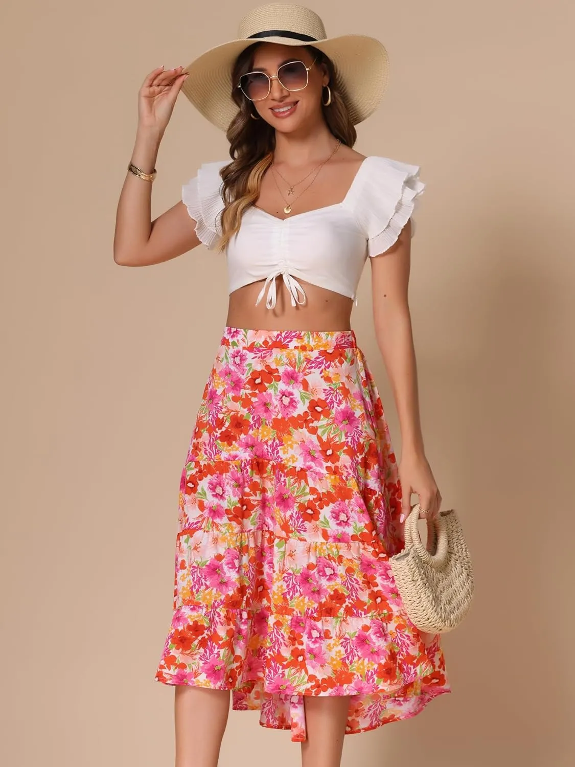 Allegra K Midi Floral Skirt for Women's Elastic High Waist Asymmetrical Hem Skirt
