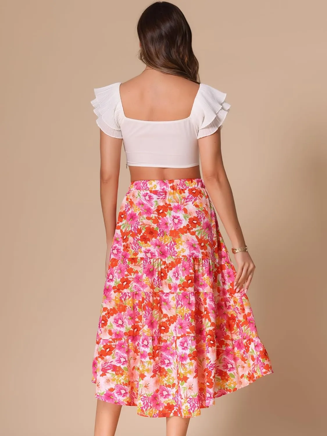 Allegra K Midi Floral Skirt for Women's Elastic High Waist Asymmetrical Hem Skirt