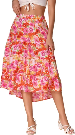 Allegra K Midi Floral Skirt for Women's Elastic High Waist Asymmetrical Hem Skirt