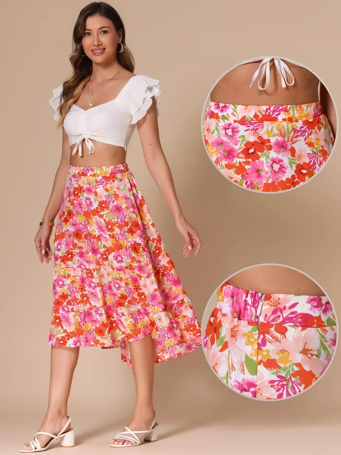 Allegra K Midi Floral Skirt for Women's Elastic High Waist Asymmetrical Hem Skirt