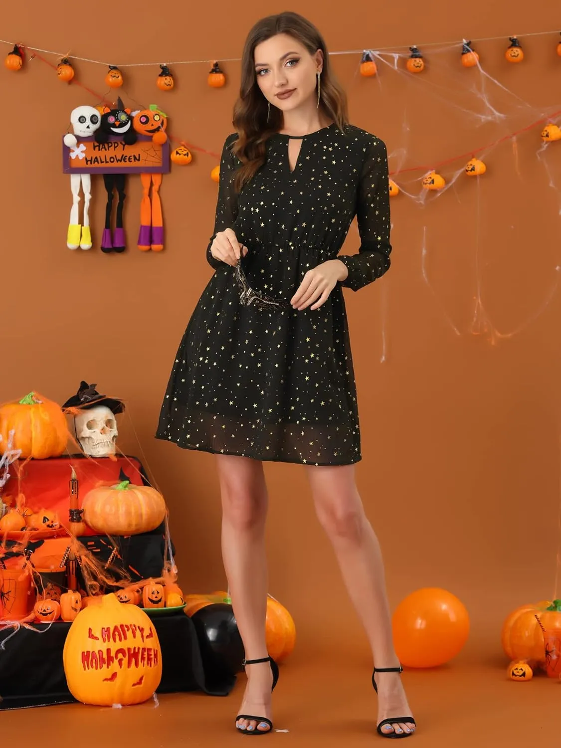 Allegra K Women's Choker V Neck Gilding Metallic Star Halloween Party Flared A-Line Dress