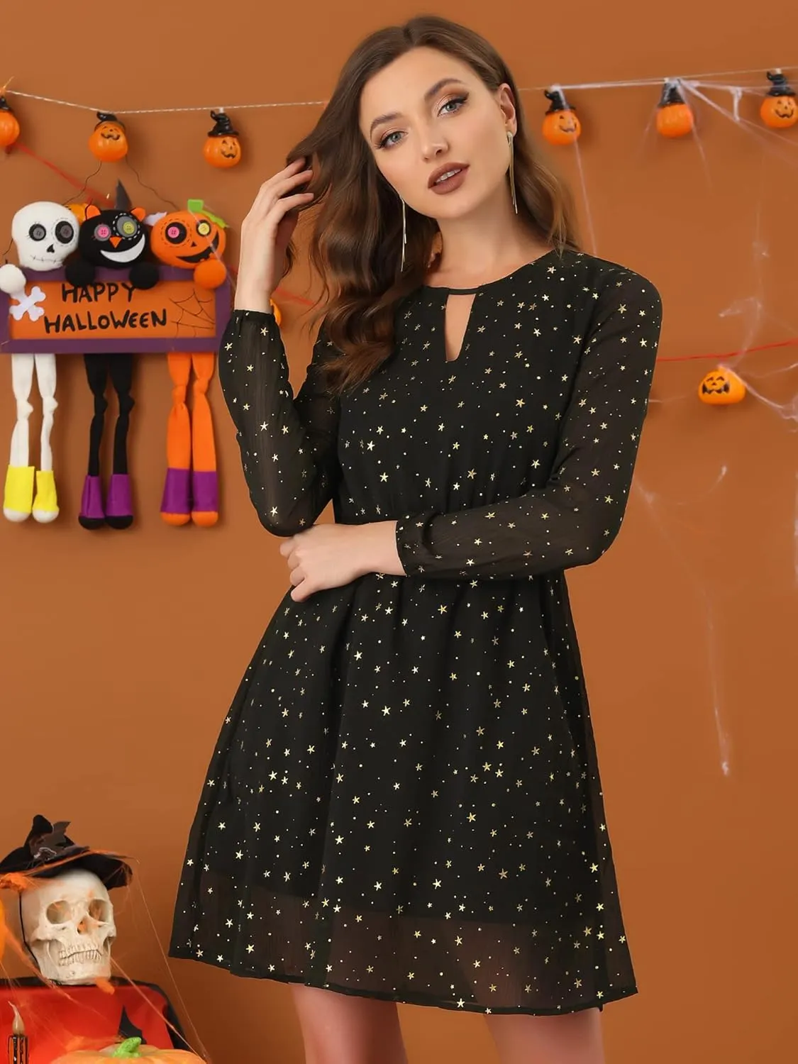 Allegra K Women's Choker V Neck Gilding Metallic Star Halloween Party Flared A-Line Dress