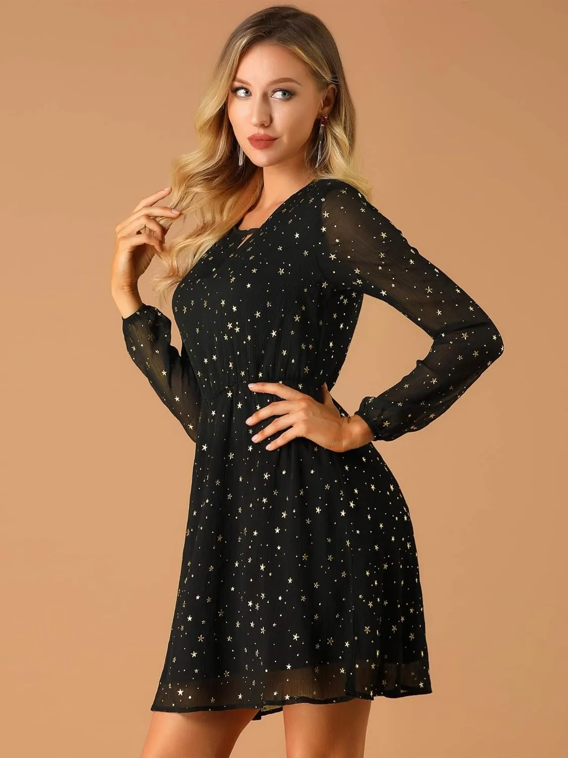 Allegra K Women's Choker V Neck Gilding Metallic Star Halloween Party Flared A-Line Dress