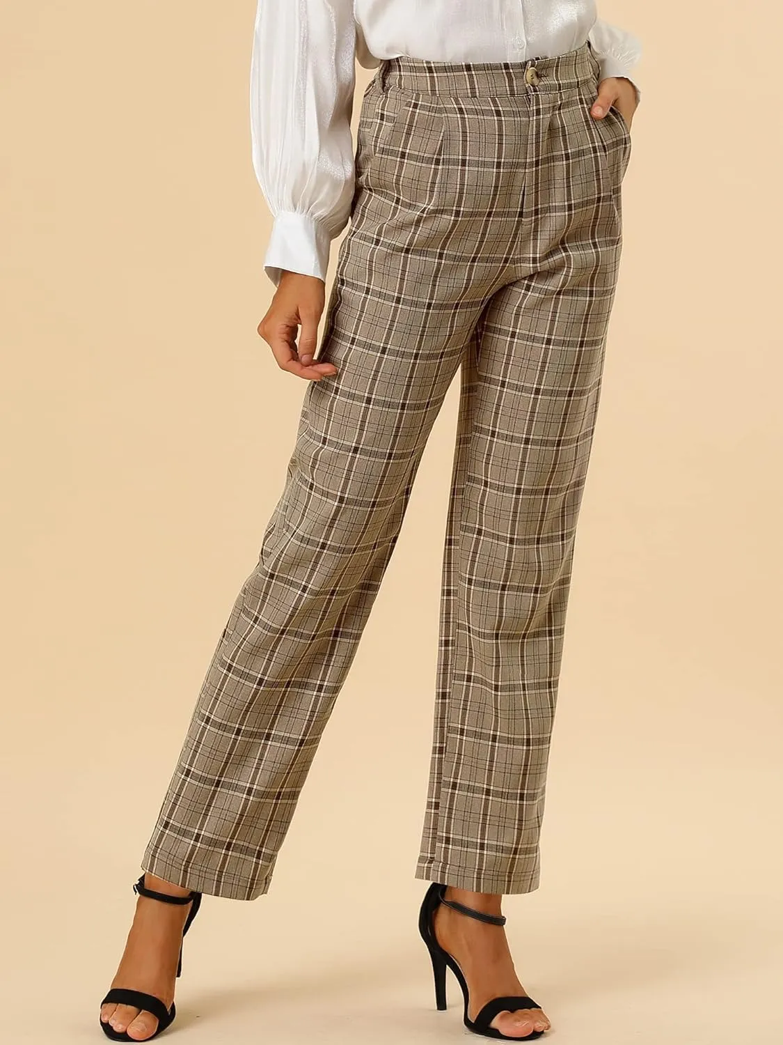 Allegra K Women's Plaid Pants Elastic Waist Casual Work Office Long Trousers