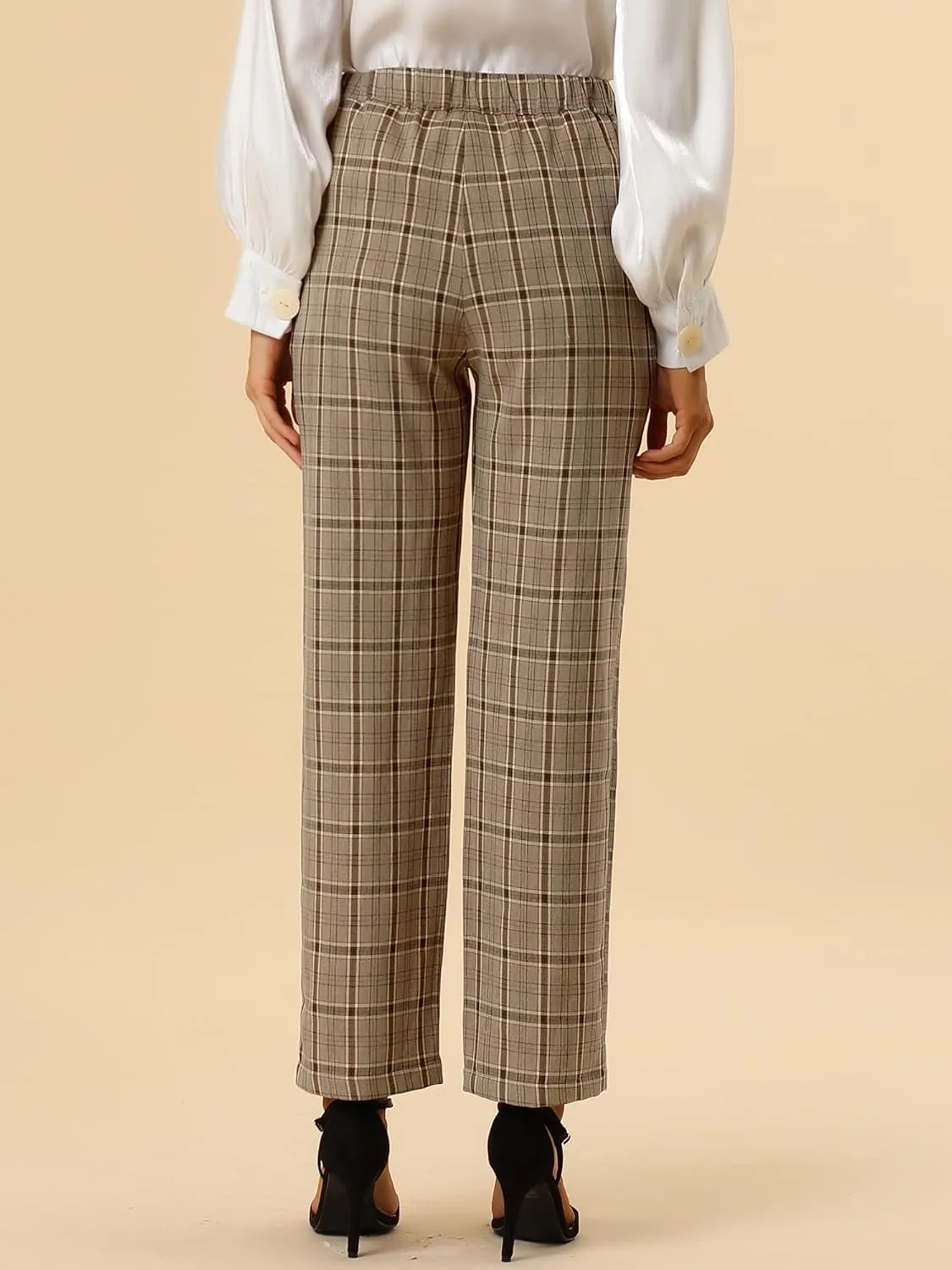 Allegra K Women's Plaid Pants Elastic Waist Casual Work Office Long Trousers