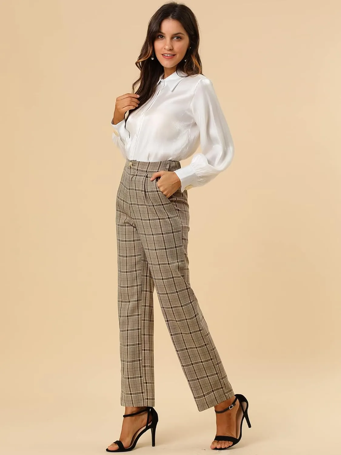 Allegra K Women's Plaid Pants Elastic Waist Casual Work Office Long Trousers