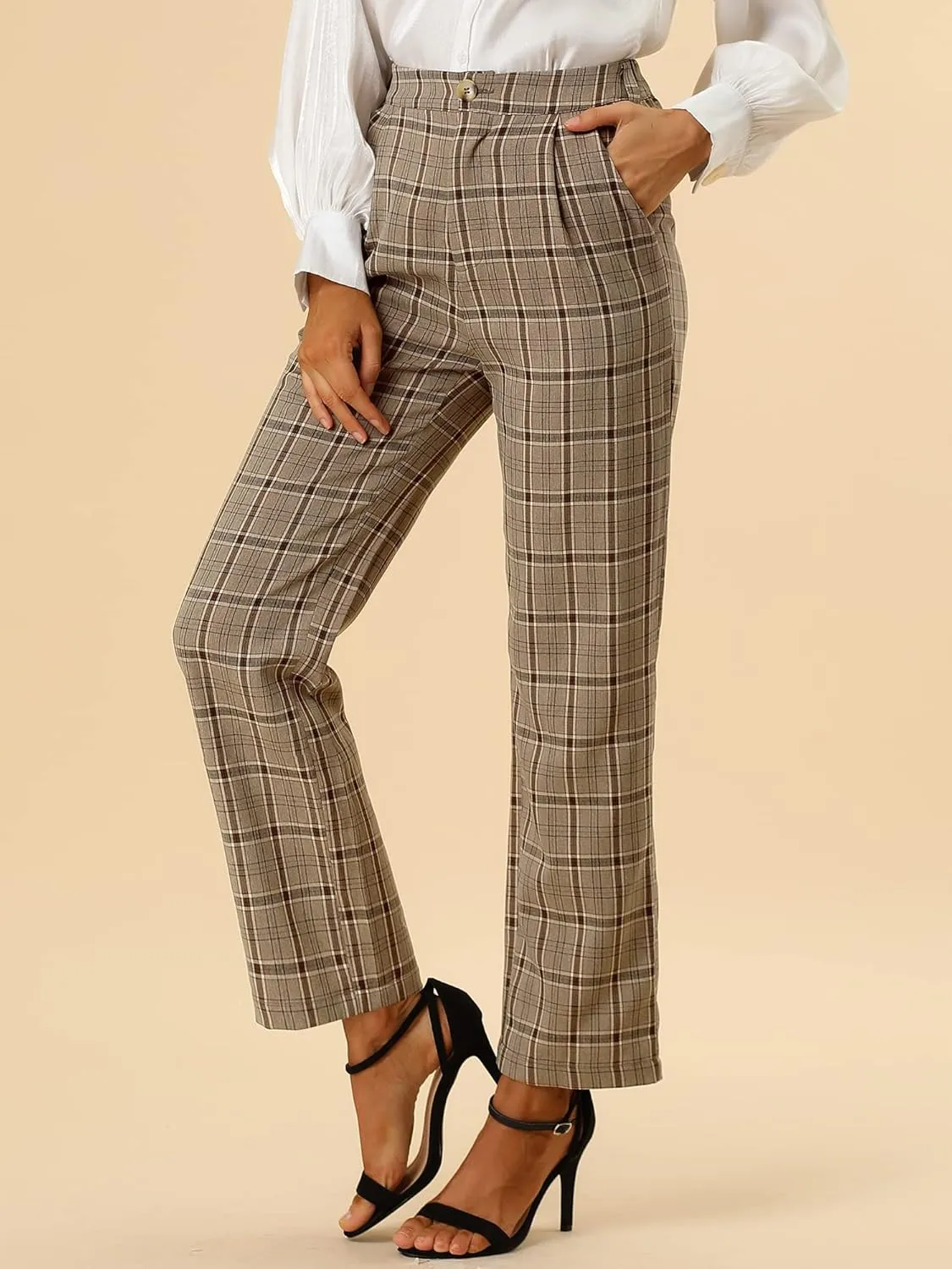 Allegra K Women's Plaid Pants Elastic Waist Casual Work Office Long Trousers