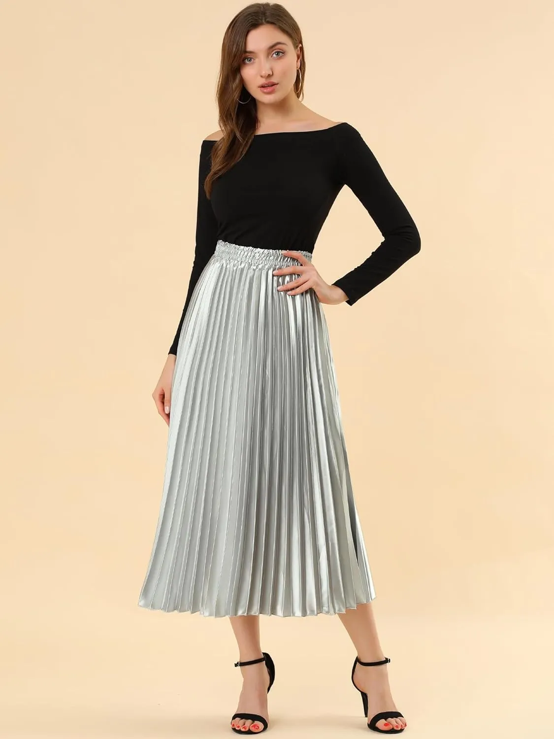 Allegra K Women's Pleated Midi Skirt Elastic Waist Metallic Shiny Accordion Party Skirts