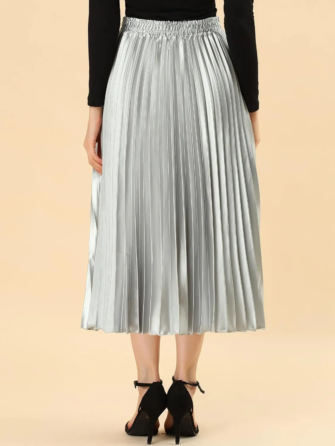 Allegra K Women's Pleated Midi Skirt Elastic Waist Metallic Shiny Accordion Party Skirts