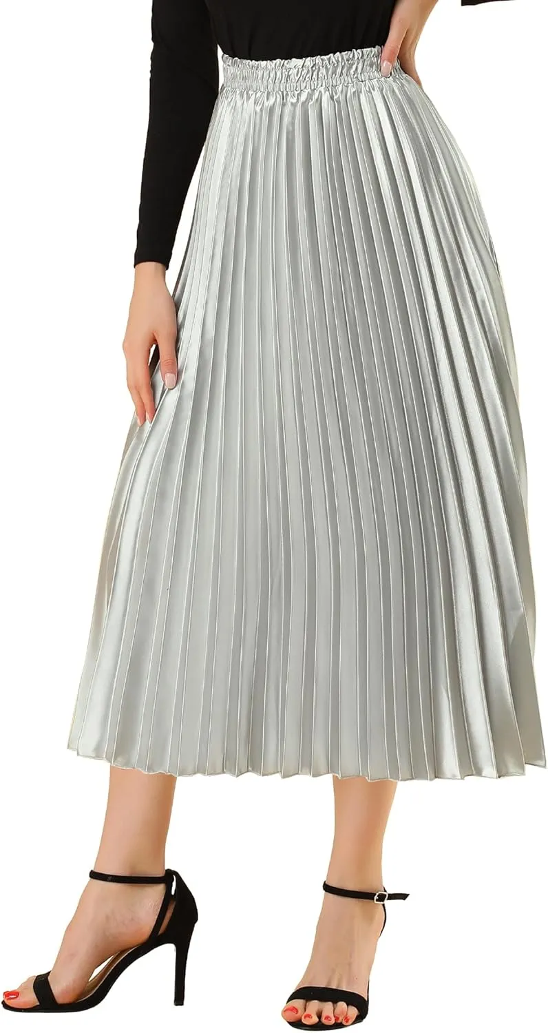 Allegra K Women's Pleated Midi Skirt Elastic Waist Metallic Shiny Accordion Party Skirts