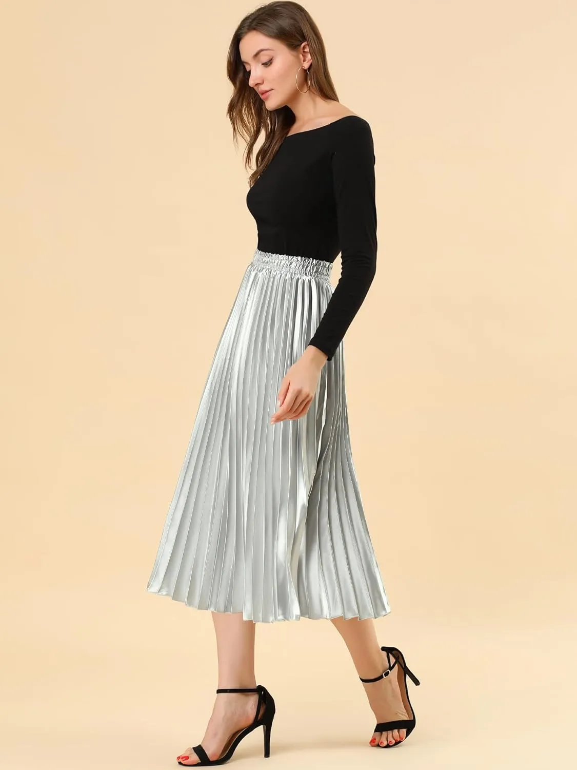 Allegra K Women's Pleated Midi Skirt Elastic Waist Metallic Shiny Accordion Party Skirts