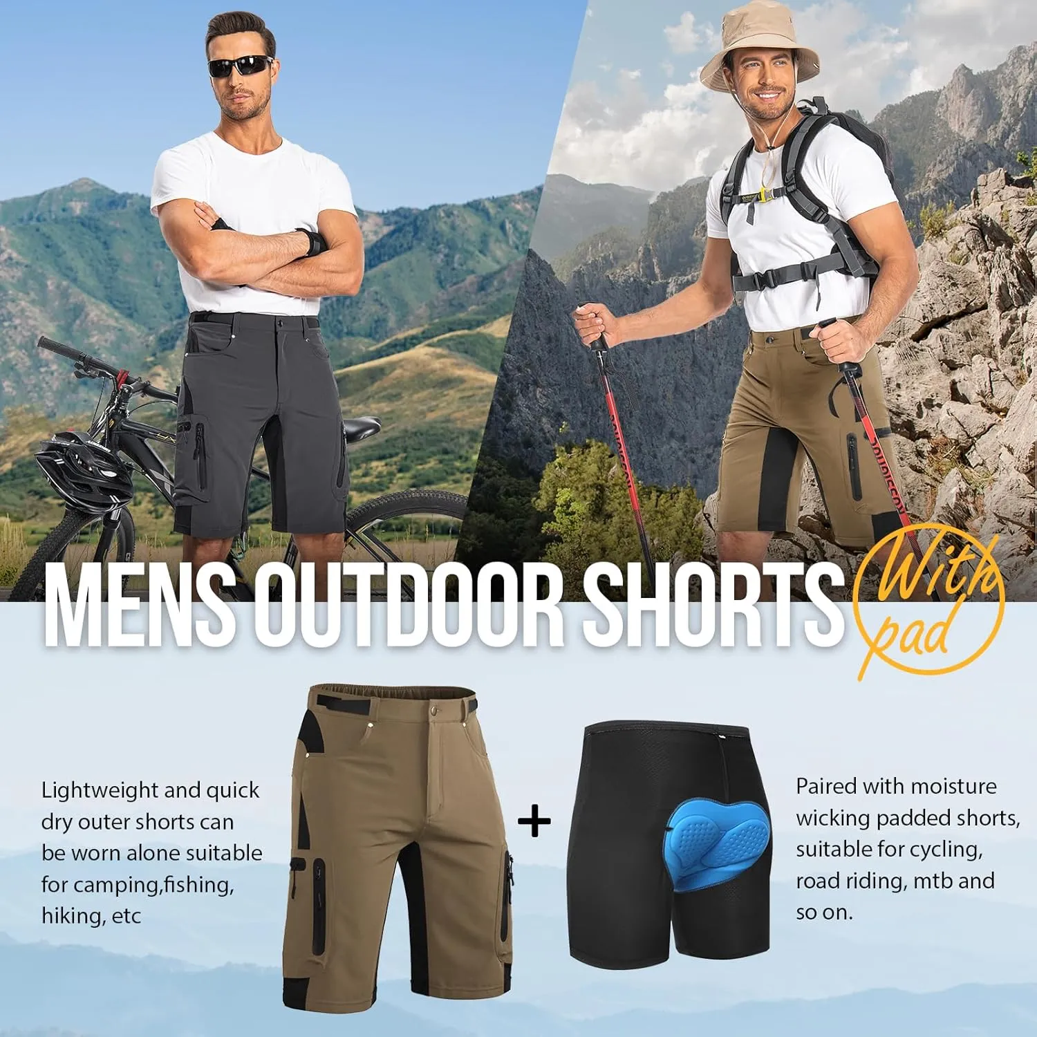 Ally Mens Mountain Bike Shorts 4D Padded Baggy Bicycle Cycling Biking Bike Shorts Lightweight Loose-fit