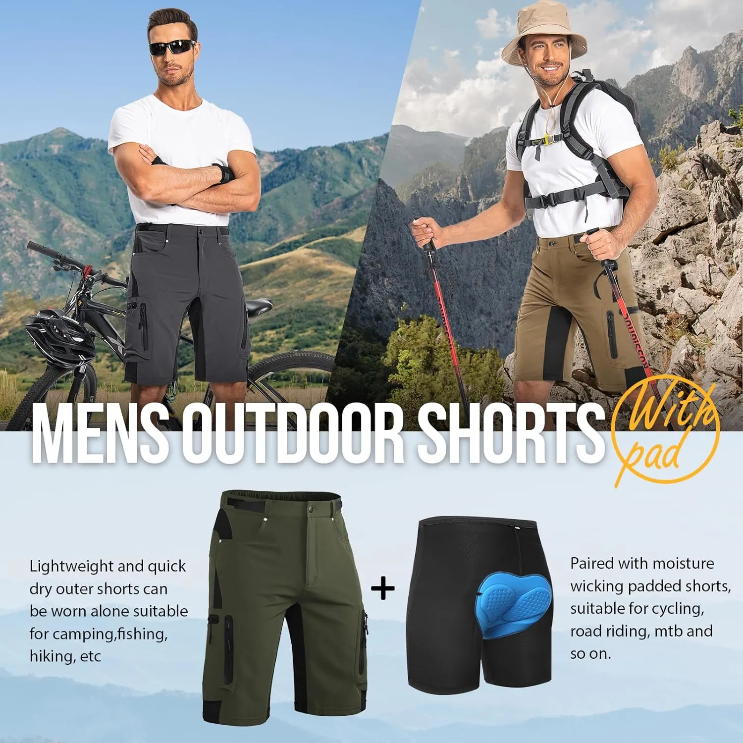 Ally Mens Mountain Bike Shorts 4D Padded Baggy Bicycle Cycling Biking Bike Shorts Lightweight Loose-fit