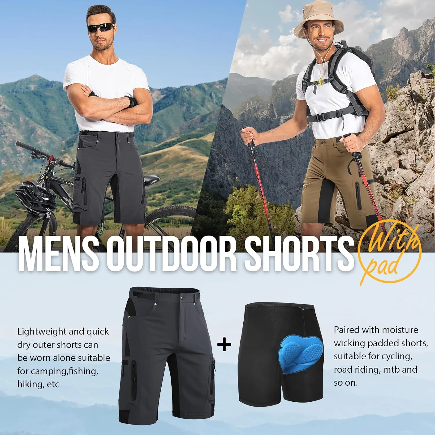 Ally Mens Mountain Bike Shorts 4D Padded Baggy Bicycle Cycling Biking Bike Shorts Lightweight Loose-fit