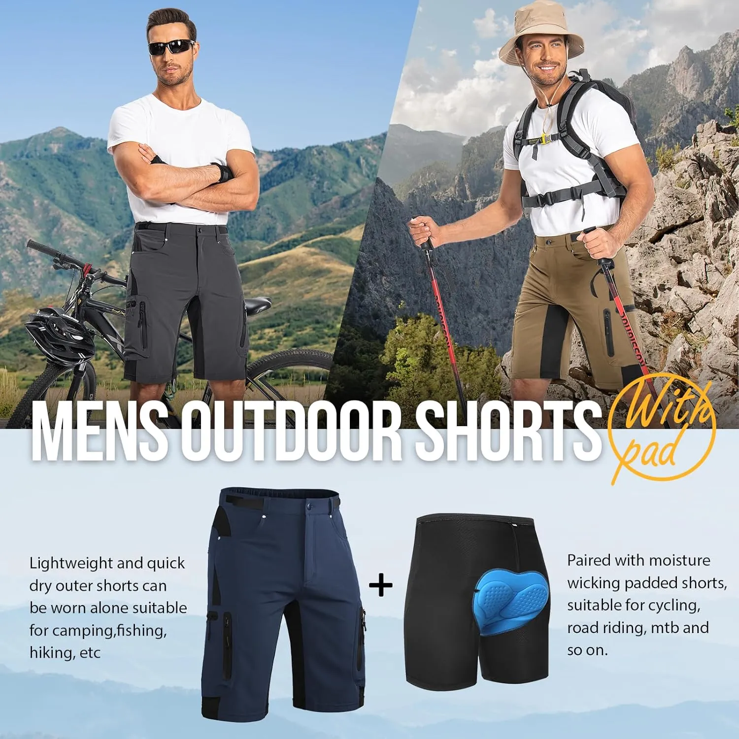 Ally Mens Mountain Bike Shorts 4D Padded Baggy Bicycle Cycling Biking Bike Shorts Lightweight Loose-fit