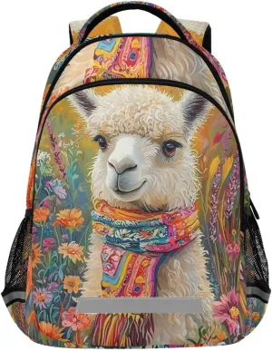 Alpaca Scarf Flower Field Backpack for Boys Girls Elementary School Bag Kids Travel Bags Casual Rucksack Laptop Bookbag