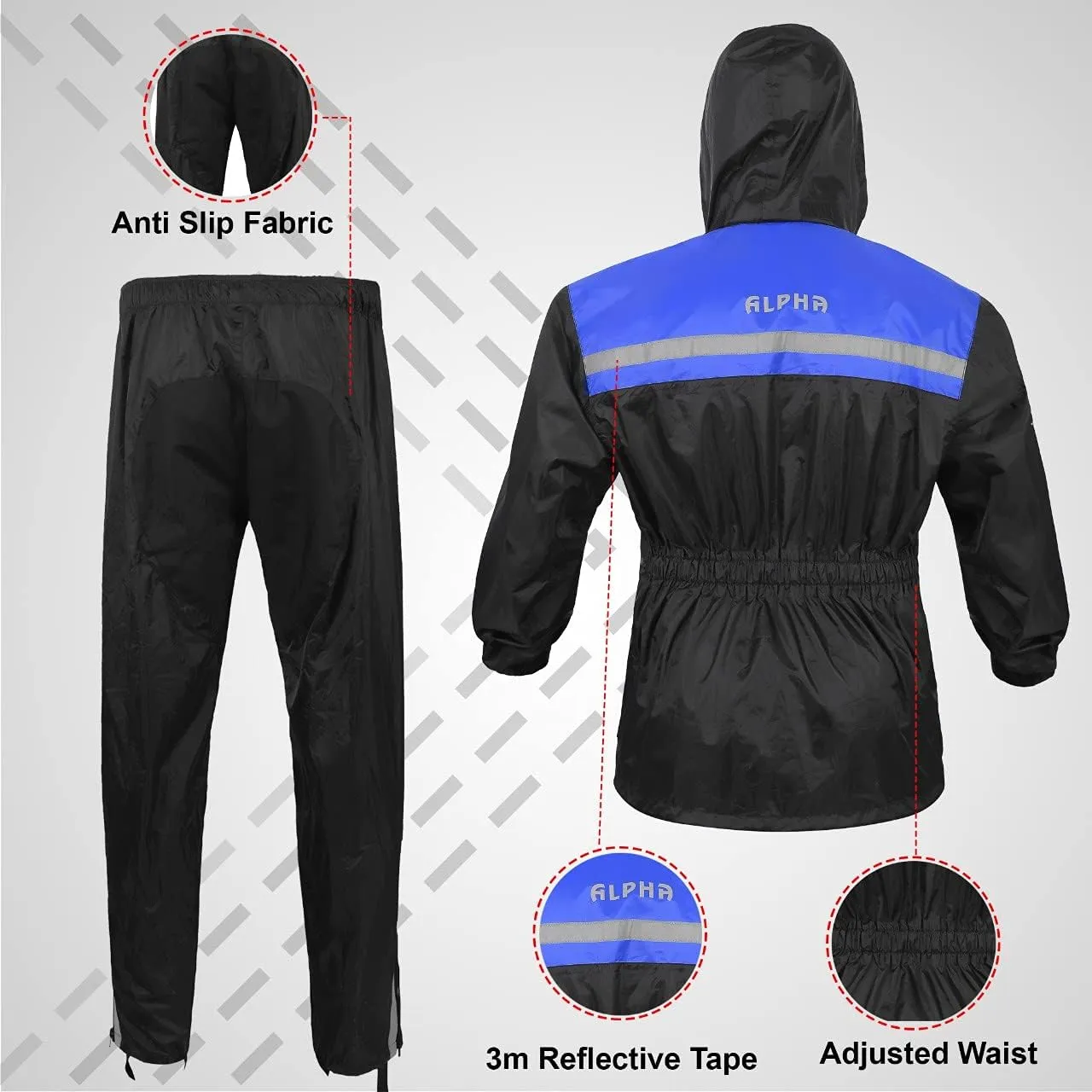 ALPHA CYCLE GEAR Rain Suit for Men & Women Jackets Pant Gear Reflective Rainsuit Waterproof (BLUE, MEDIUM)